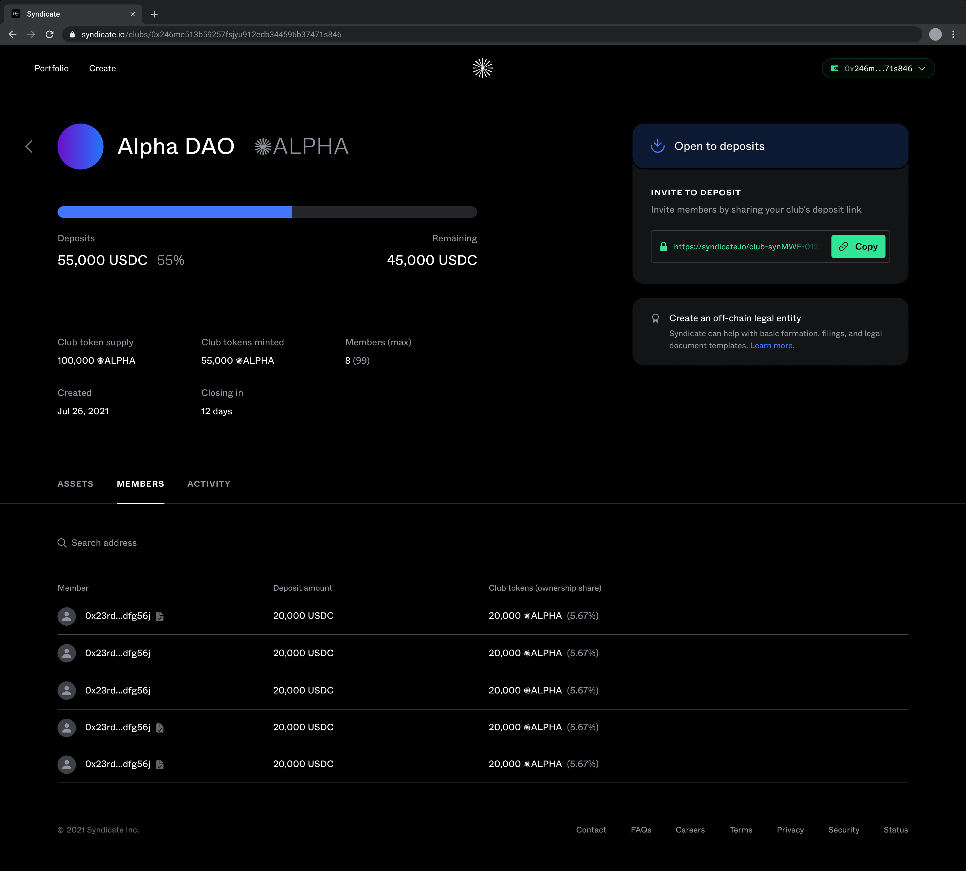 DAO dashboard for investment clubs on Syndicate